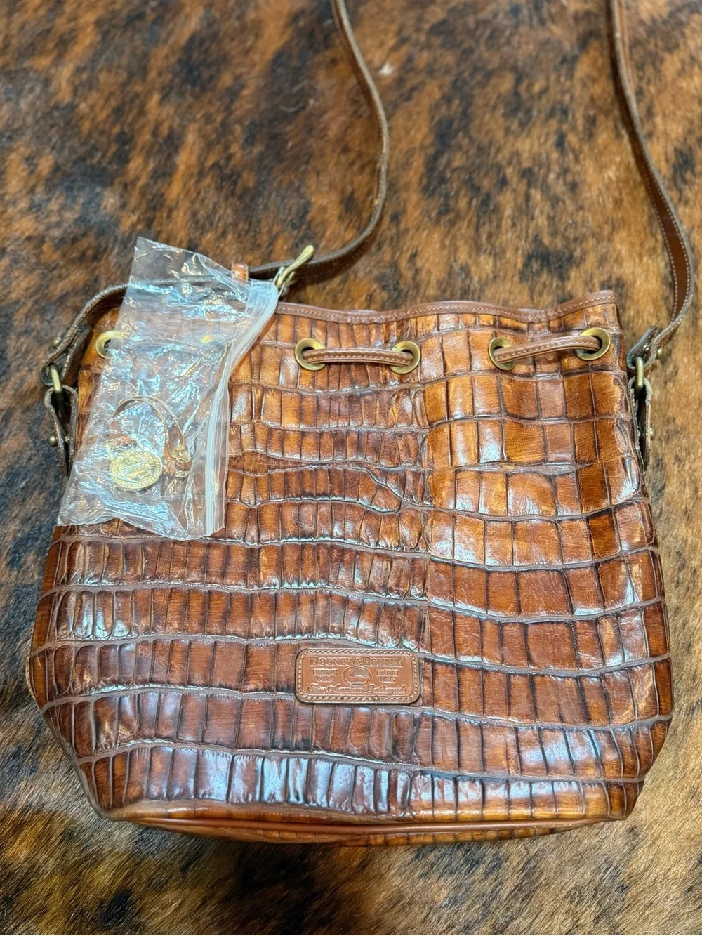 Vintage Dooney & Bourke Croc Embossed Brown Leather Drawstring Bucket Bag USA